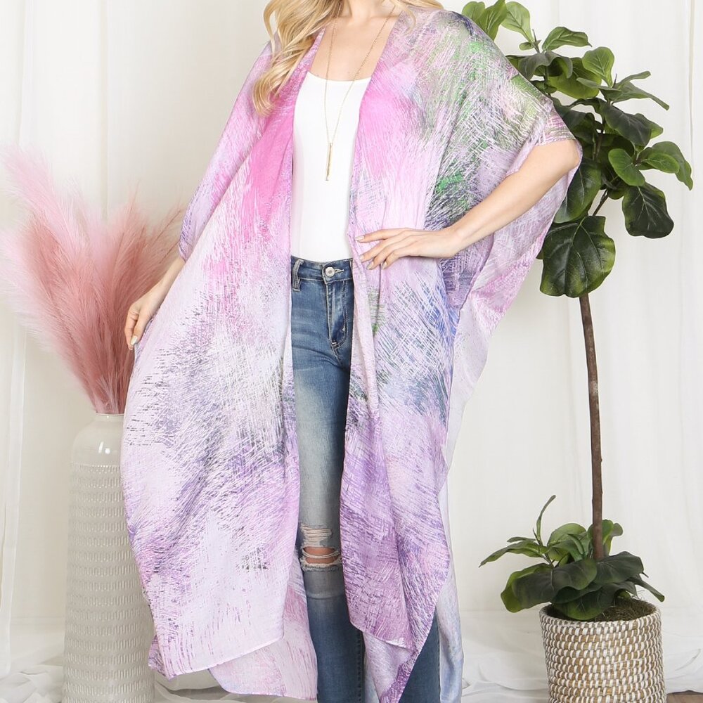 Tropical Purple & Pinks Splatter Abstract Dye Open Long Swim Kimono